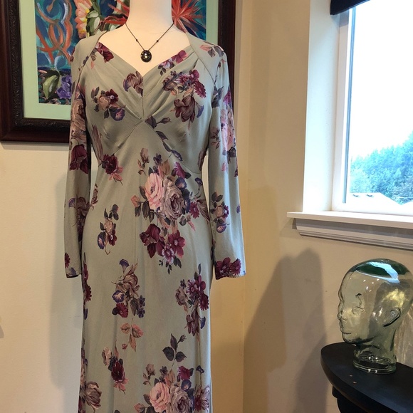 1990's Carole Little Rayon Floral 30's Inspired Pale Green Soft Bias Dress - M - Picture 9 of 12